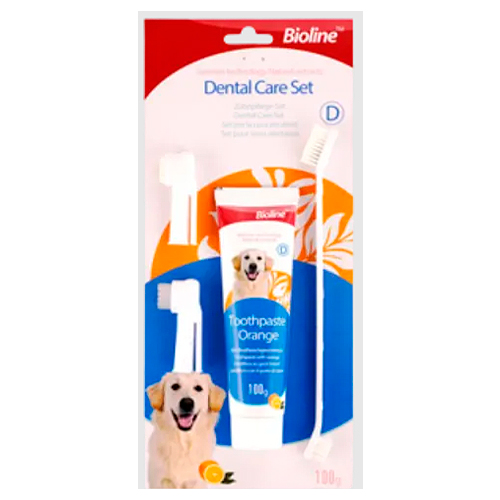 Bioline Kit Cepillos + Pasta Dental Perro Sabor Naranja 100gr